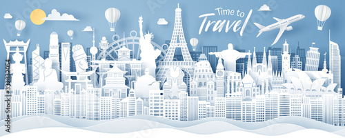 Paper cut of World travel, Time to travel and tourism concept.