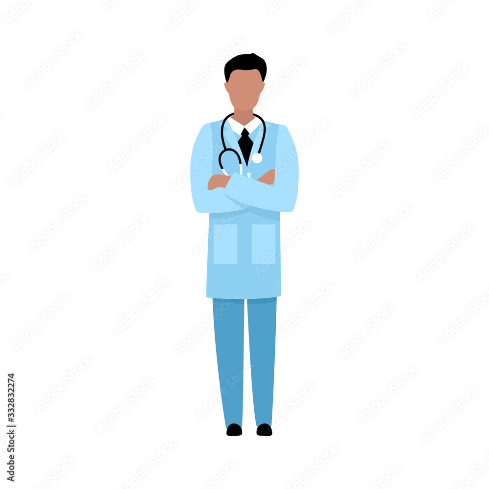 Male doctor crossing his arms over his chest. Man in medical coat with stethoscope isolated on white background. Flat vector illustration. Male doctor crossing his arms over his chest. Man in medical coat with stethoscope isolated on white background. Flat vector illustration.