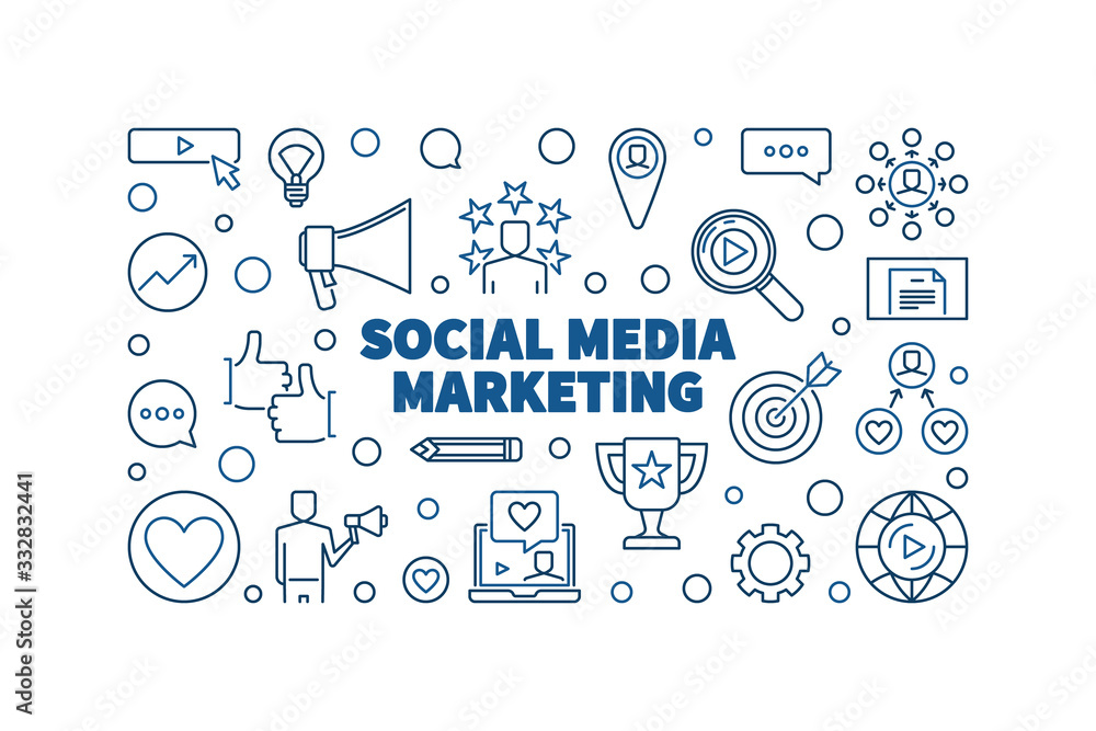 Social Media Marketing vector blue concept outline horizontal illustration or banner Social Media Marketing vector blue concept outline horizontal illustration or banner