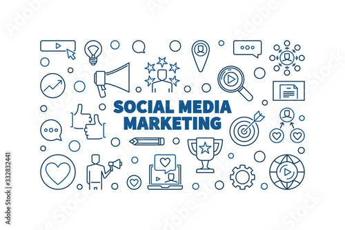 Social Media Marketing vector blue concept outline horizontal illustration or banner