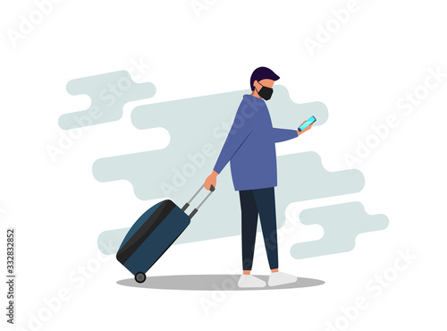 man wearing face mask travelling aboard vector illustration. Covid-19 coronavirus prevention travelling concept background