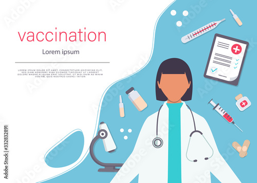 Time to vaccinate. Landing page template. Modern flat concept for web design. Vector illustration syringe with vaccine, bottle, virus, vaccination calendar and doctor