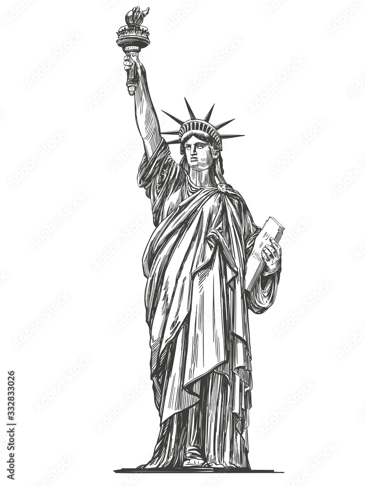 Fototapeta statue of liberty, symbol of freedom and democracy in the United States of America, architectural landmark hand drawn vector illustration sketch isolated on a white background