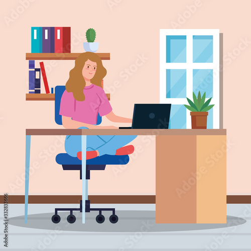 woman working telecommuting inside house vector illustration design