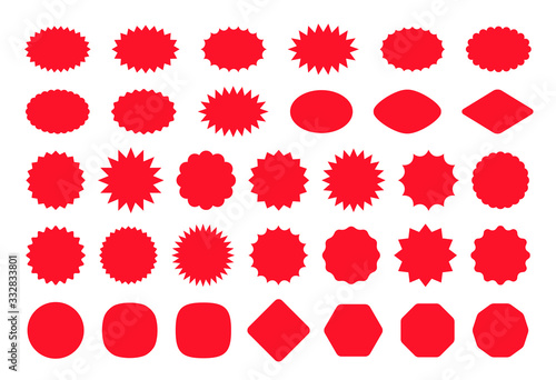 Callout star sticker. Starburst price badge. Vector. Burst promo shapes. Set red splash sunburst stamps isolated on white background. Round, cloud retail tag. Color illustration. Simple empty pricetag
