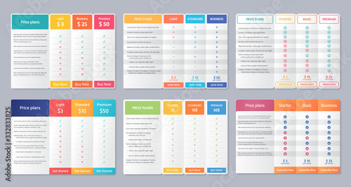 Table price template. Vector. Comparison plan chart. Set pricing data grid with 3 columns. Checklist compare tariff banner for purchases, business, web services. Color illustration. Flat simple design