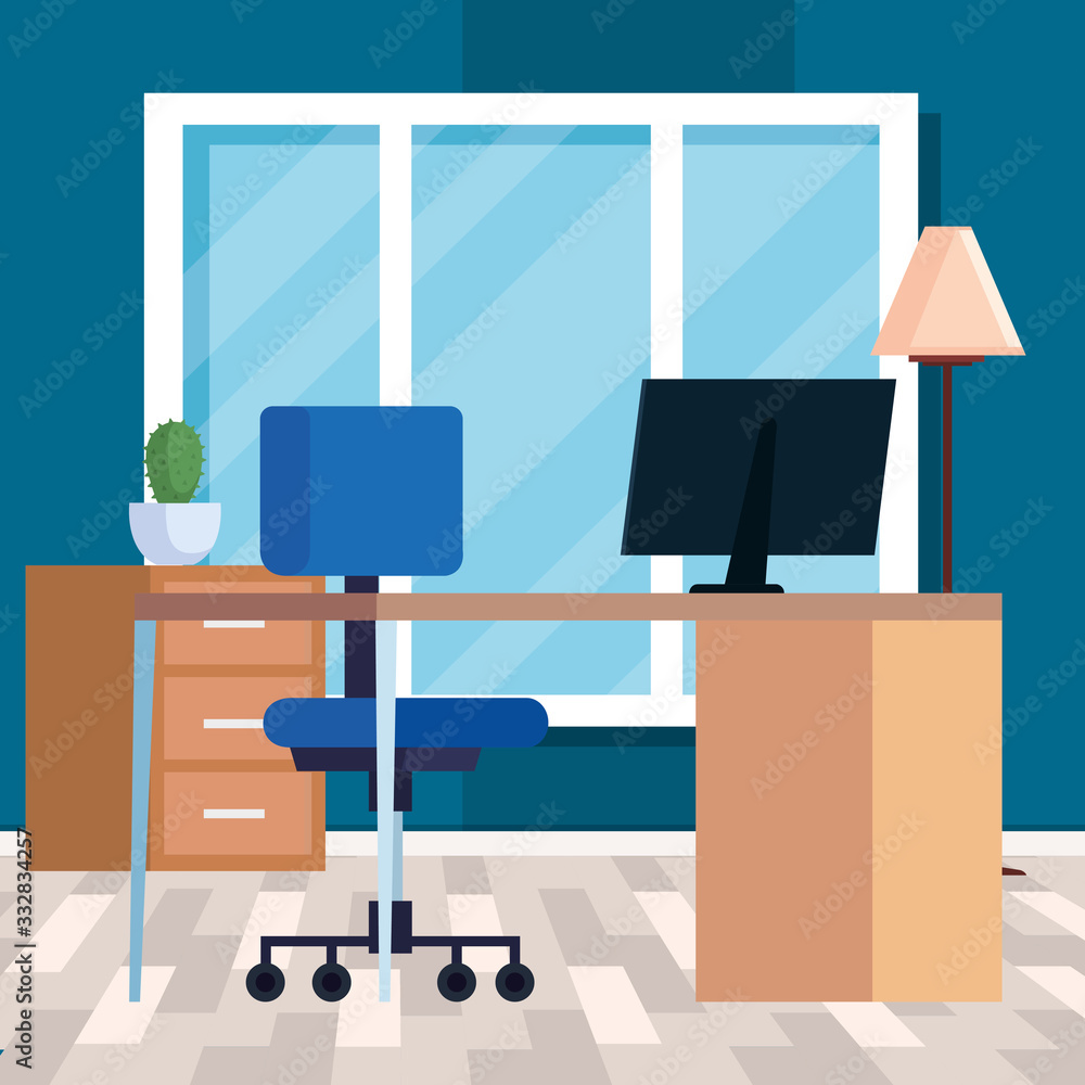 Fototapeta workplace with desk and computer vector illustration design
