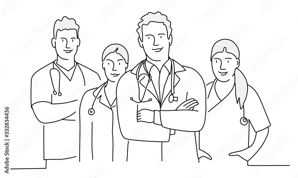 Group of doctors  with arms crossed. Concept teamwork in hospital. Line drawing vector illustration.