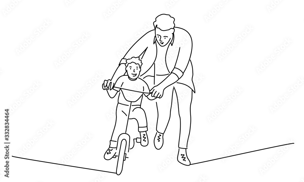 Father teaches son to ride a bike. Line drawing vector illustration.
