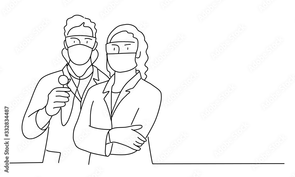 Line drawing vector illustration of male and female doctors with a masks.