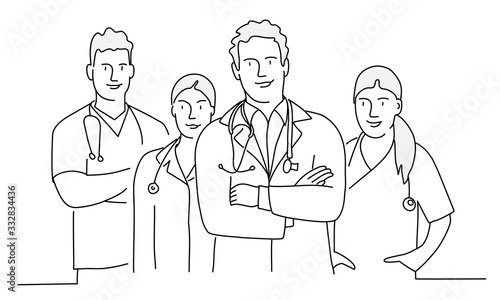 Group of doctors  with arms crossed. Concept teamwork in hospital. Line drawing vector illustration.