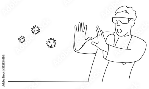 Line drawing vector illustration of doctor over afraid and terrified with fear expression stop gesture with hands, shouting in shock. Panic concept.