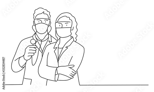 Line drawing vector illustration of male and female doctors with a masks.