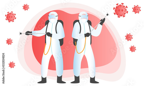 Two People in Protective Suit or Clothing, Spray to Cleaning and Disinfect Virus, Covid-19, Coronavirus Disease, Preventive Measures