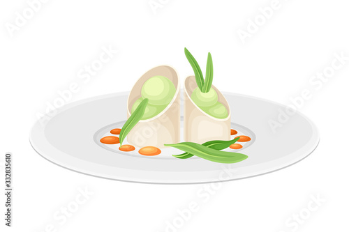 Grande Cuisine with Meticulous Food Preparation and Serving on Plate with Fancy Garnish Vector Illustration