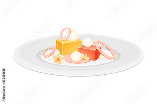 Haute Cuisine with Food Meticulously Prepared and Served on Plate with Fancy Garnish Vector Illustration