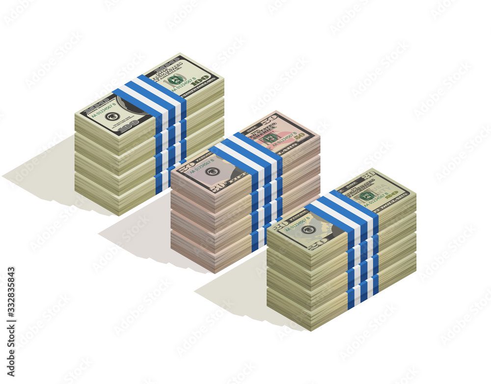Stack of bank packages of hundred dollars, fifty dollars and twenty dollar bills. Paper money, pile of 100, 50 and 20 US dollars banknotes, isometric view. Vector illustration on white background Stack of bank packages of hundred dollars, fifty dollars and twenty dollar bills. Paper money, pile of 100, 50 and 20 US dollars banknotes, isometric view. Vector illustration on white background
