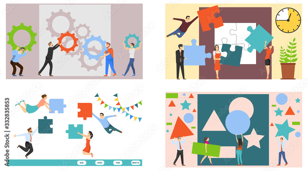 Teamwork, set of horizontal teamwork banners. Vector illustration of teamwork, cooperation.