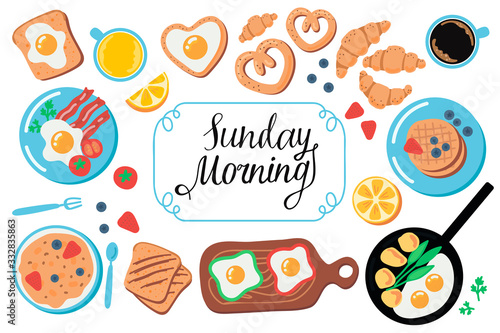 Vector set of food icons: scrambled eggs, coffee, orange juice, bacon, pancakes, fruit, croissants. Scrapbook collection of breakfast dishes. Handwritten inscription "Sunday morning".