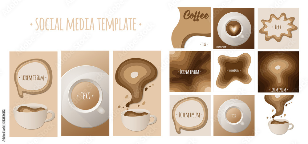 Promotion web banners, backgrounds for social media mobile apps with coffee in paper cut style. Editable templates for social networks stories and posts. Social media pack. Vector stock illustration.