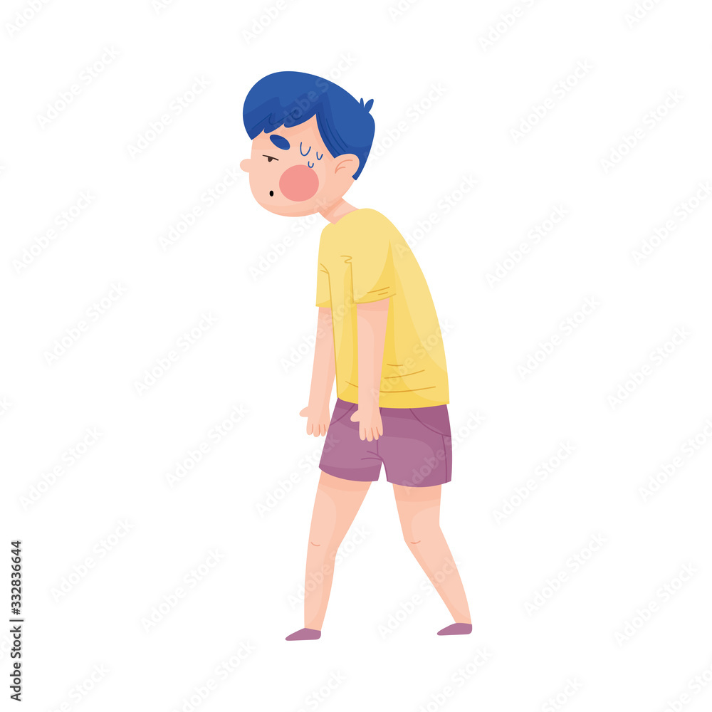 Boy in T-shirt Walking with Heavy Steps Along the Street Because of Hot Weather Vector Illustration