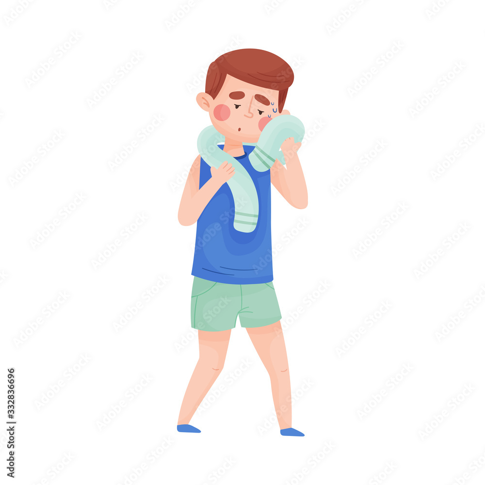 Boy Mopping His Forehead with Towel From Sweat Because of Hot Weather Vector Illustration