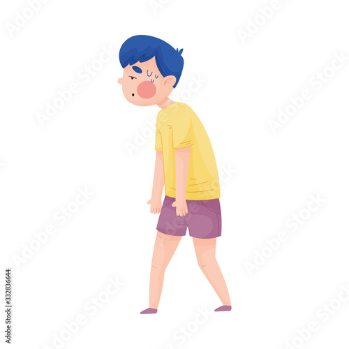 Boy in T-shirt Walking with Heavy Steps Along the Street Because of Hot Weather Vector Illustration