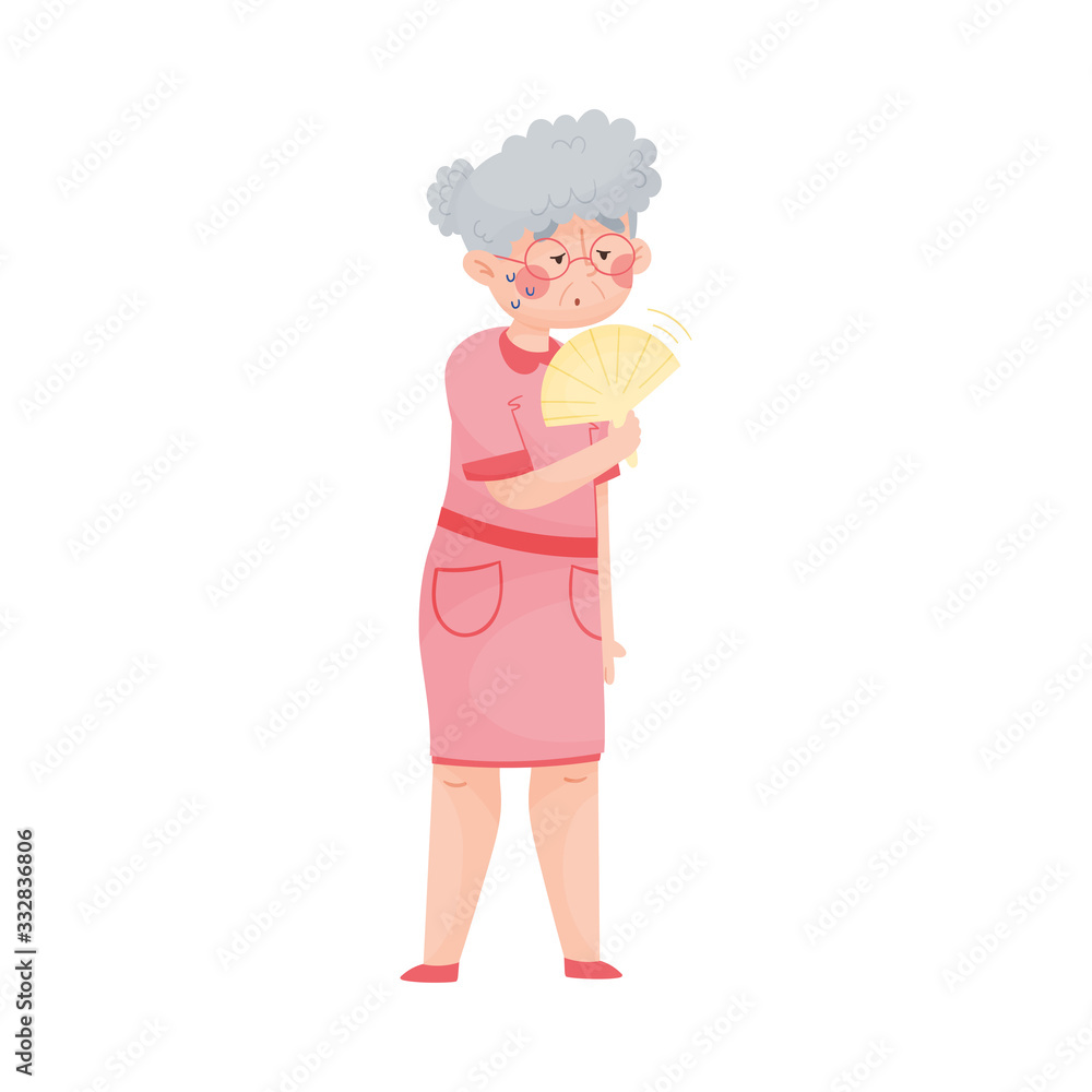 Senior Woman Using Fan Because of Hot Weather Vector Illustration Senior Woman Using Fan Because of Hot Weather Vector Illustration
