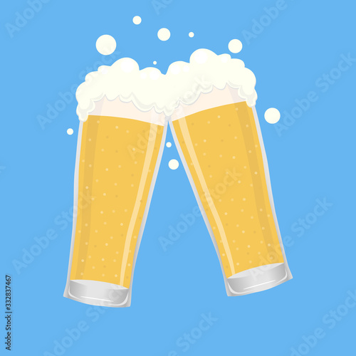 Two beer glasses, two glasses with beer. Vector illustration of a beer glass on a blue background.