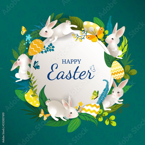 Happy Easter round banner with rabbits, eggs, leaves, flowers, butterflies. Cute easter card with white hares on bright blue background. For festive invitation, design elements. Vector illustration.