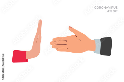 No handshake. Do not contact. Precautions and prevention of coronavirus disease. No physical contact. Warning, dangerous infection on hands. Flat cartoon colorful vector illustration.