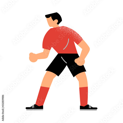 Male rugby player in the black shorts standing in defensive position. Vector illustration in flat cartoon style.