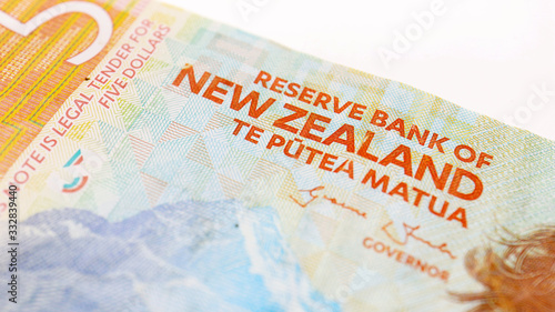 New Zealand 5 Dollars Bill on Isolated Background