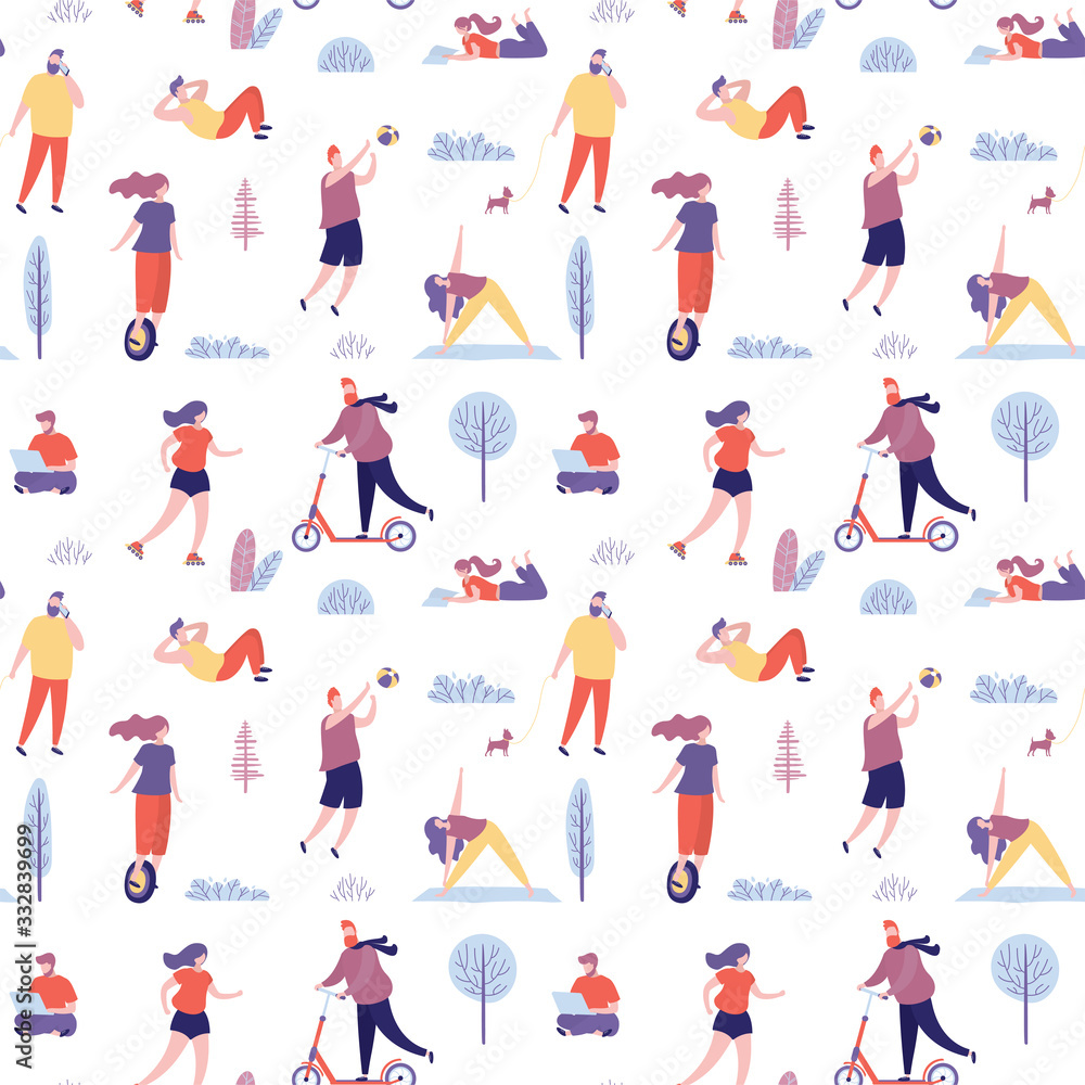 Seamless pattern with active people spending time in the park. Various characters outdoor. Seamless pattern with active people spending time in the park. Various characters outdoor.