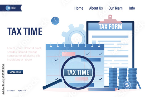 Tax time landing page template. Paper tax form document, calendar with magnifying glass, pile of coins