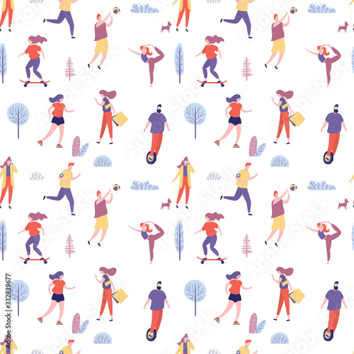 Seamless pattern with active people spending time in the park. Various characters outdoor.