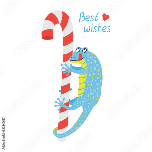 A cute blue gecko is hanging on a red candy cane. It's happy and wants to eat sweets. Best wishes hand drawn lettering. Vector illustration isolated on white background.