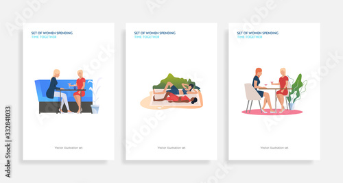 Set of women spending time together. Flat vector illustrations of women fighting with pillows, drinking, practicing yoga. Friendship, leisure concept for banner, website design or landing web page