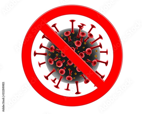 Sign caution COVID-19 Stop coronavirus. Coronavirus outbreak alert. Pandemic medical concept with new corona virus cells. Vector illustration