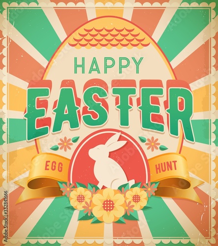 Happy Easter egg hunt vintage vector poster. Retro greeting grunge design card with rabbit, decorated eggs, rays, flowers and curled ribbon with typography. Easter christian spring holiday celebration