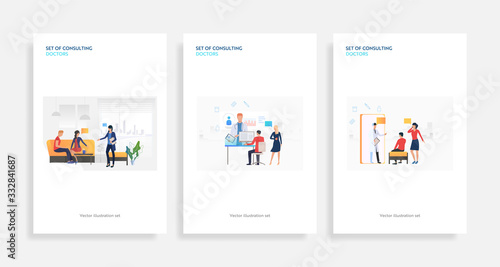 Set of consulting doctors. Flat vector illustrations of patients using laptops or mobile phones and talking to doctors. Online consulting concept for banner, website design or landing web page