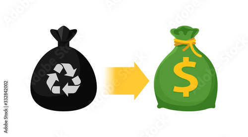 icon garbage bags and money bag, symbol of sack garbage waste and money trade, waste exchange business to money, buy and sell garbage, junk trading in money concept, waste sell and exchange