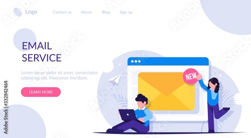 Web email service. People near the open browser tab with a notification of the new letter. Modern flat vector illustration.