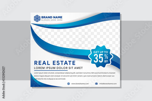 vector background banner horizontal business template. modern geometric abstract layout for website design. simple creative cover header for real estate concept. space for photo and blue wave element.