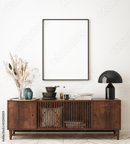 mock up poster frame in modern interior background, living room, Scandinavian style, 3D render, 3D illustration photo