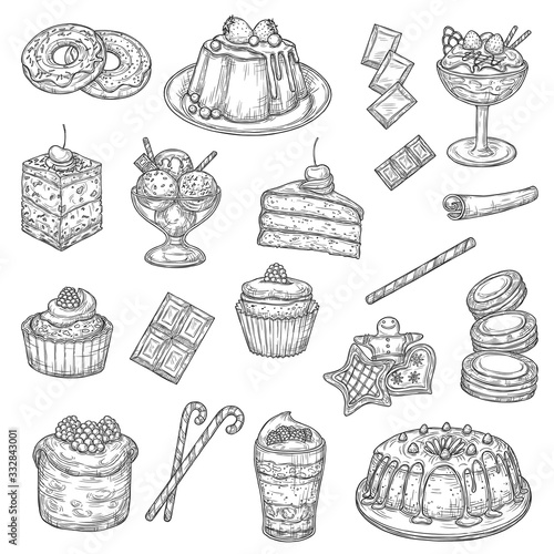 Cake and pastry dessert sketches of sweet food. Vector cakes, cupcakes and muffins with chocolate cream, fruit pie, ice cream and chocolate candy, donuts, biscuits or cookies, macarons and cheesecake