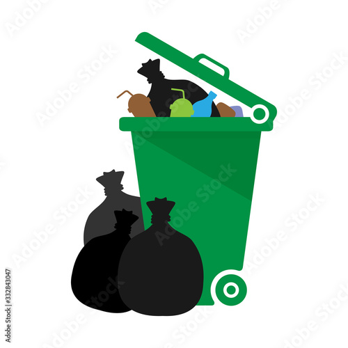 bin, plastic bin green of waste and plastic bag isolated on white background, dumpster recycle illustration, dustbin plastic garbage full, clip art garbage, trash bin flat for infographics