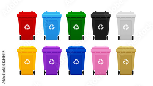 Bin Plastic Collection, Colorful Recycle Bin isolated on white background, Bins with Recycle Waste Symbol, Front view set of the Bins Plastic, 3r