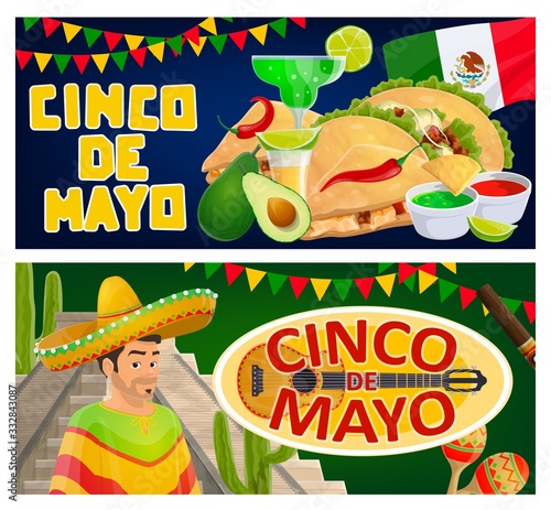 Cinco de Mayo vector banners with Mexican holiday sombrero, maracas, fiesta party food and drink. Mexico hat, cactuses, flag and mariachi, margarita, tequila, tacos and nachos with guacamole
