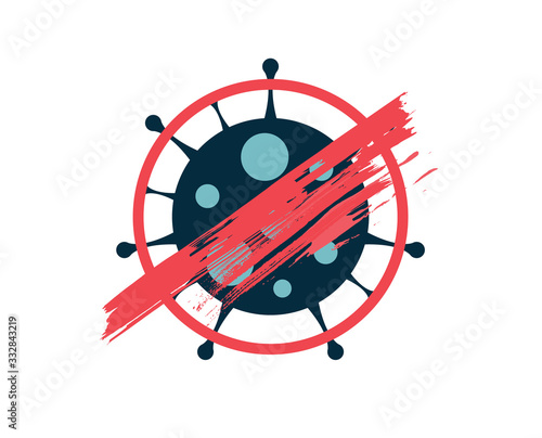 Abstract virus strain model Novel coronavirus 2019-nCoV is crossed out with red STOP sign